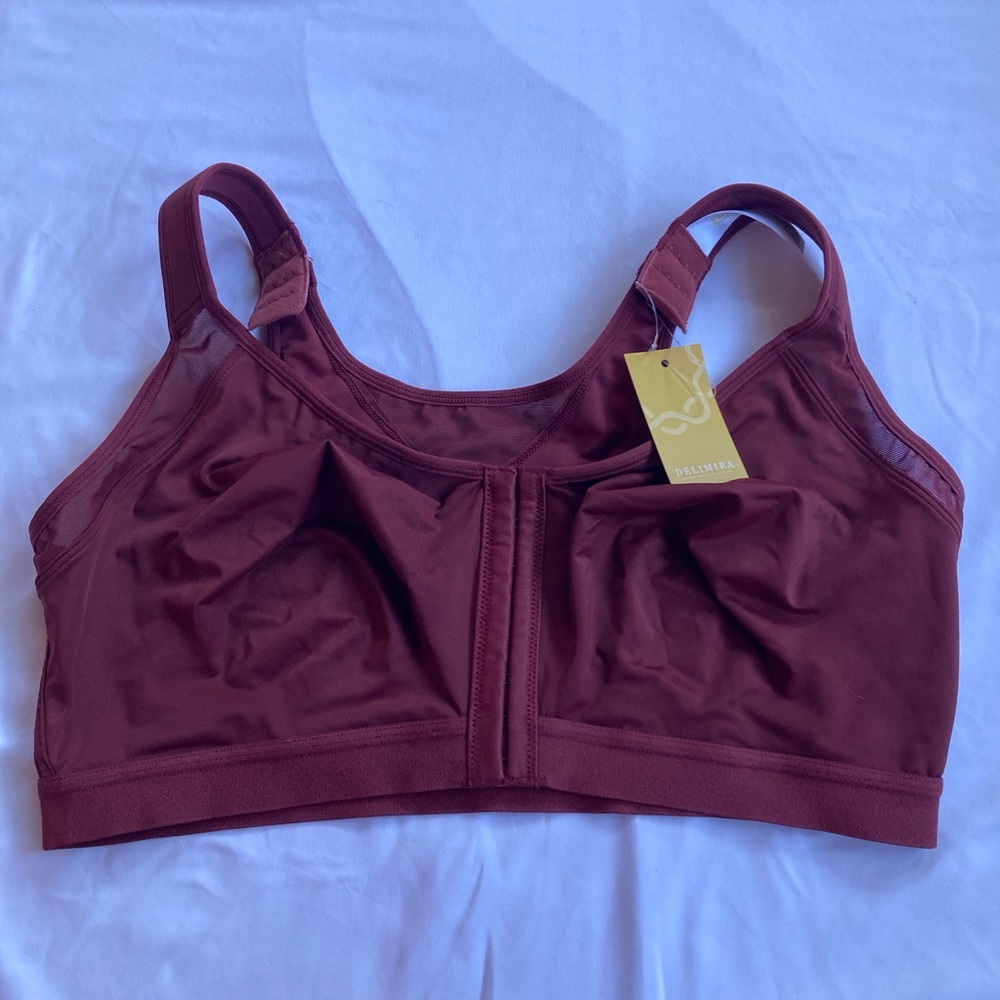 NWT Delimira Front Closure Full Coverage Wire free Support Bra. Maroon. Sz 40E